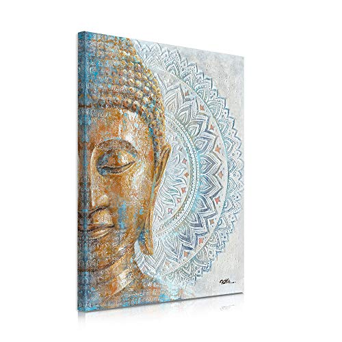 Gold Buddha Canvas Wall Art: 3D Textured Mandala Flower Blossom Buddha Painting Zen Print Picture on Blue for Yoga Meditation Room Bedroom Framed and Ready to Hang 12"x16" - color: Buddha with Mandala, size: 12"x16"x1