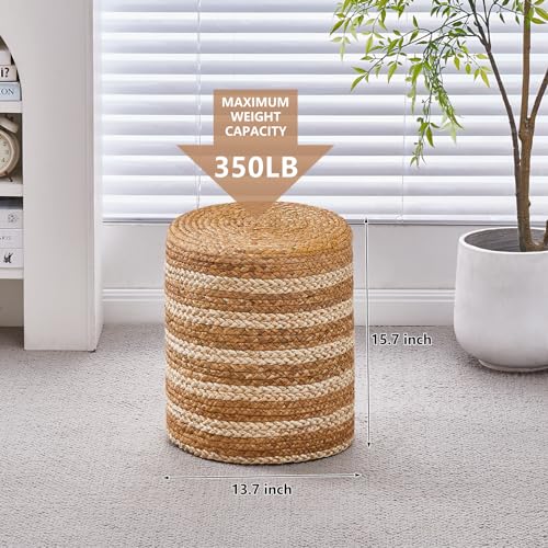 Ottoman Natural Seagrass Foot Rest Stool Hand Weave Round Foot Stool Pouf Boho Vanity Stools with Non-Skid Mat for Living Room Bedroom Hallway - color: Mix White-1