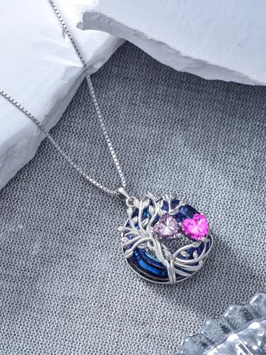 TOUPOP s925 Sterling Silver Family Celtic Tree of Life Pendant Necklaces with 2 Heart Birthstone with Blue Austrian Crystal Jewelry Birthday Valentines Day Gifts for Her, Anniversary Christmas Gifts for Wife Girlfriend Mom (18K Real White Gold Filled) - c