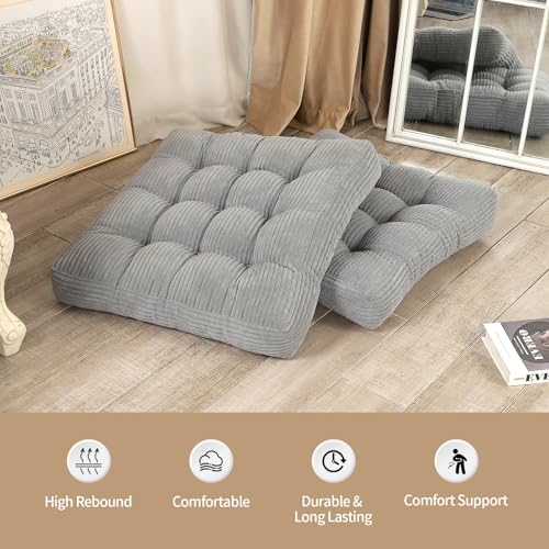 LOVMOC 22 inches Meditation Pillow, Square Large Floor Cushions for Adults, Thick Corduroy Floor Pillows for Sitting, Yoga, Living Room, Sofa, Tatami, LightGrey