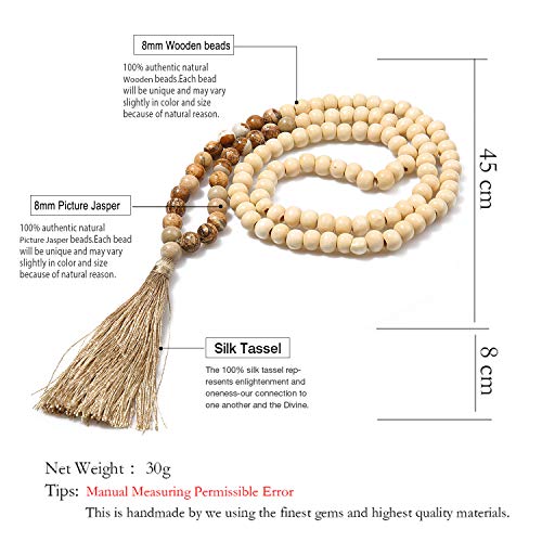 8MM Semi-Precious Gem Stones Wood Mala Bead Necklace Multicolor Tassel Charms Chain Necklace Handmade Beaded Pendant Necklace for Women Men - color: Wooden+Picture Jasper