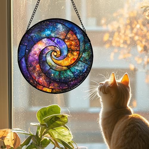 Stained Glass Window Hanging, Blue Orange Starry Sky Sun Catcher for Door Terrace Garden Home Decor, Abstract Universe Suncatcher Birthday Gifts for Lovers Women Men Dad Mom Nana 6.3 in