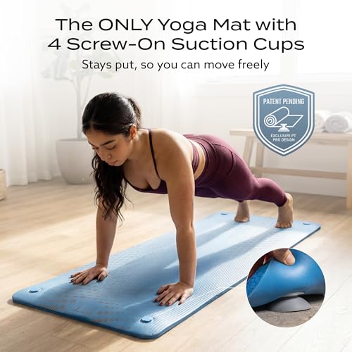 PT Pro Suction Cup Yoga Mat – 24x72 Non-Slip Exercise Mat with 4 Screw-On Suction Cups, 1/2in Thick Cushioned Workout Mat with Carry Strap for Tile, Laminate & Concrete – (Patent Pending) - color: Blue