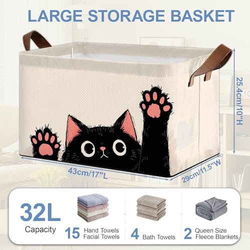 Funny Black Cat Storage Baskets,Foldable Organizer Bin with Handles for Home Living Room Bedroom Closet Box 17x11.5x10Inch - color: Funny Black Cat