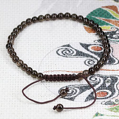 Keleny Natural Gemtones 4mm Round Beads Crystal Adjustable Braided Macrame Tassels Bracelets Unisex - color: Smoky Quartz