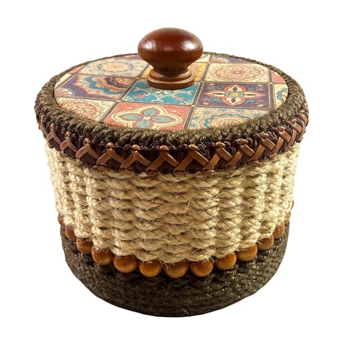 Handwoven Bohemian Hemp Rope Jewelry Box, Rustic Artisanal Dresser Storage Organizer with Wooden Lid, Boho Home Decor Gift for Women