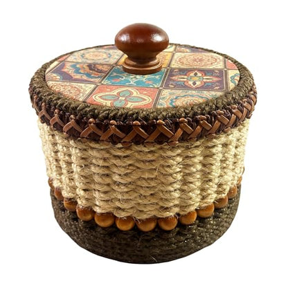 Handwoven Bohemian Hemp Rope Jewelry Box, Rustic Artisanal Dresser Storage Organizer with Wooden Lid, Boho Home Decor Gift for Women