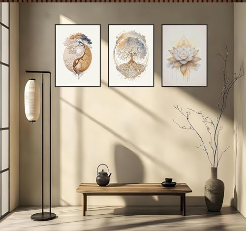 3PCS Tree of Life Cnavas spiritual Wall Art Boho Sacred Geometry Posters Print Art Lotus Zen Pictures Wall Decor Abstract Yin Yang Fall feng Shui Artwork for Living Room Yoga Room Bedroom Home Decoration16*24 in ( Poster No Frame)