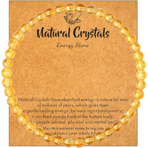 MAIBAOTA Healing Crystal Bracelet for Women Men, 8/4 mm Natural Stone Beaded Bracelets, Jewelry Birthday Gifts, Round Gemstones Stretch Bracelets - color: Yellow-Citrine, size: 4 mm