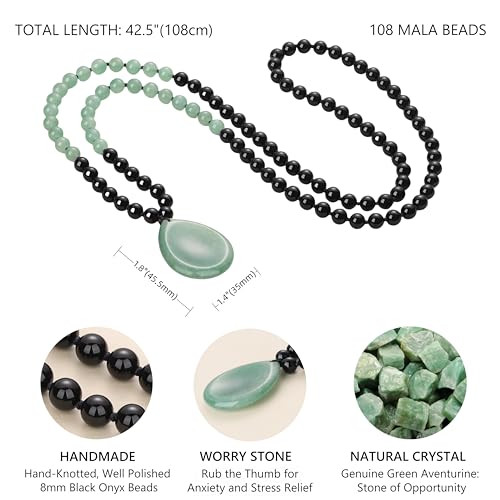 COAI Thumb Worry Stones Necklace for Men Women, Handmade 108 Mala Beaded Necklace for Women Men 8MM - style: Onyx & Green Aventurine