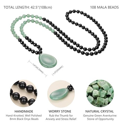 COAI Thumb Worry Stones Necklace for Men Women, Handmade 108 Mala Beaded Necklace for Women Men 8MM - style: Onyx & Green Aventurine