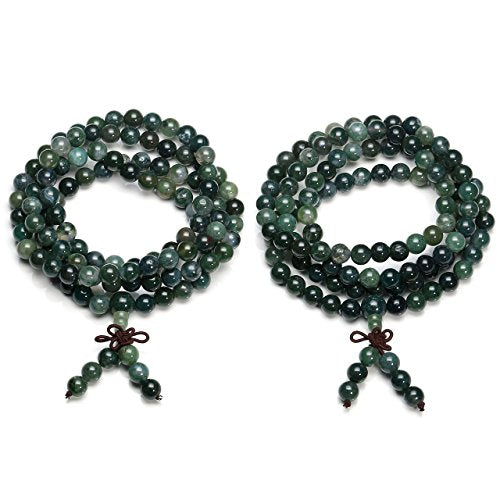 Jovivi 108 Mala Beads Bracelet 6mm 8mm Natural Indian Agate/Green Moss Agate Gemstone Healing Crystal Stone Beaded Bracelet Hand Knotted Prayer Mala Beads Necklace for Yoga Meditation Balance - color: 8mm - Moss Agate