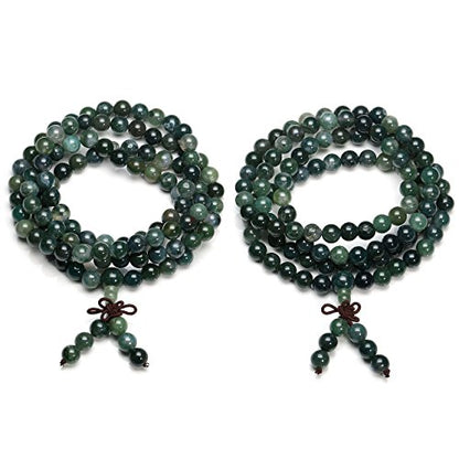 Jovivi 108 Mala Beads Bracelet 6mm 8mm Natural Indian Agate/Green Moss Agate Gemstone Healing Crystal Stone Beaded Bracelet Hand Knotted Prayer Mala Beads Necklace for Yoga Meditation Balance - color: 8mm - Moss Agate