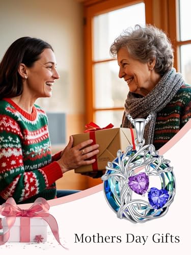 TOUPOP s925 Sterling Silver Family Celtic Tree of Life Pendant Necklaces with 2 Heart Birthstone with Blue Austrian Crystal Jewelry Birthday Valentines Day Gifts for Her, Anniversary Christmas Gifts for Wife Girlfriend Mom (18K Real White Gold Filled) - c