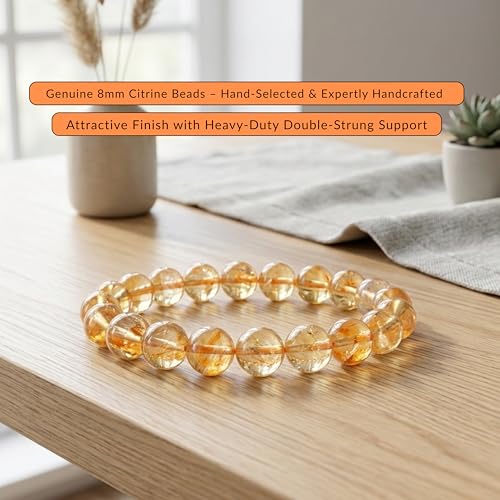 Cherry Tree Collection Tigers Eye Bracelets Plus Over 40 Other Stones – Gemstone Beads for Men & Women, Promotes Protection, Courage, Focus, Balance & Luck – Available in S, M, L with 8mm Round Beads - color: Citrine, size: Small