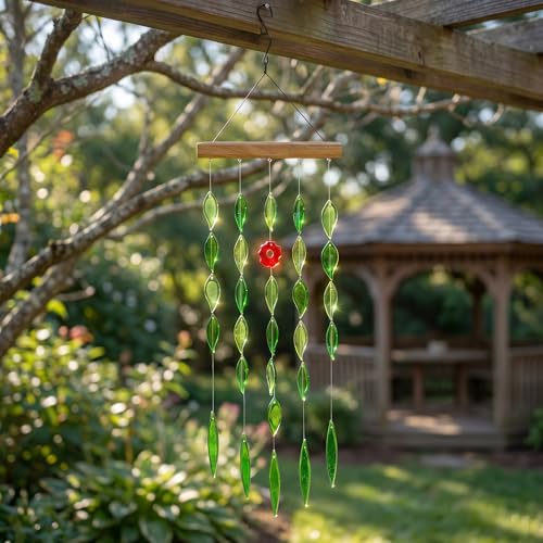 Topadorn Solar Green Leaf Wind Chime with LED Light, Glass Suncatcher Hanging Wind Chime for Outdoor Garden & Patio Decor - color: Green