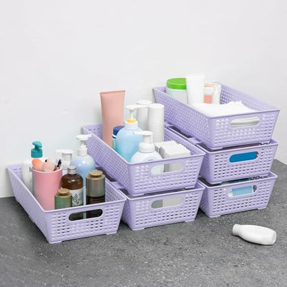 Tiawudi Stackable Woven Plastic Basket, Storage Bins for Cabinet, Closet, Shelf, Under Sink and Countertop, Pantry Organizer Bins, 6 Pack - color: Violet