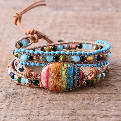 YGLINE Boho Handmade Natural Stone Wrap Bracelets Jasper Crystal Beads Bracelet Jewelry - color: multi color