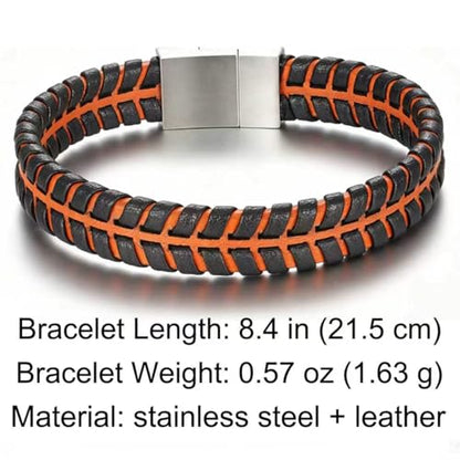 Men's Leather Bracelet, Stackable Stainless Steel Clasp Bracelets for Men Stylish Birthday, Thanksgiving, Valentine's Day Gift for My Man - style: 8.4" Orange and Black