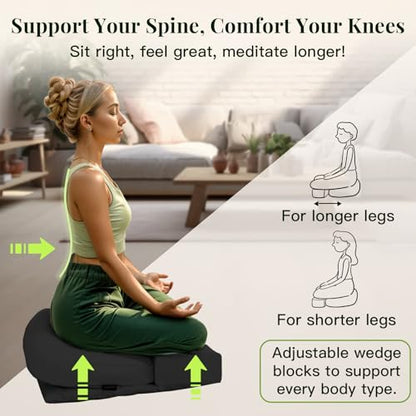 Syrinx Meditation Cushion Set – Zafu Yoga Floor Pillow with Knee Support Pads, Buckwheat Hull Filling, Carry Bag & Zabuton-Style Base - color: Black