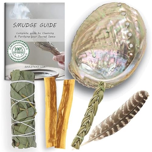 Ancient VEDA Healer's Kit: Complete Sage Smudge Kit Bundle w/Abalone Shell, Palo Santo, Sweetgrass, Turkey Feather & Guidebook – Spiritual and Energy Cleansing, Ritual Supplies, Smudging Essentials - color: Eucalyptus Sage, size: Healer's Kit