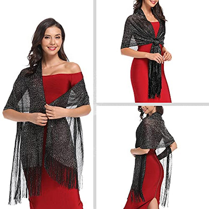vimate Sparkling Metallic Shawls and Wraps for Evening Party/Wedding/Formal Dresses (With Free Buckle) - color: I#. Black & Silver (With Black Buckle)