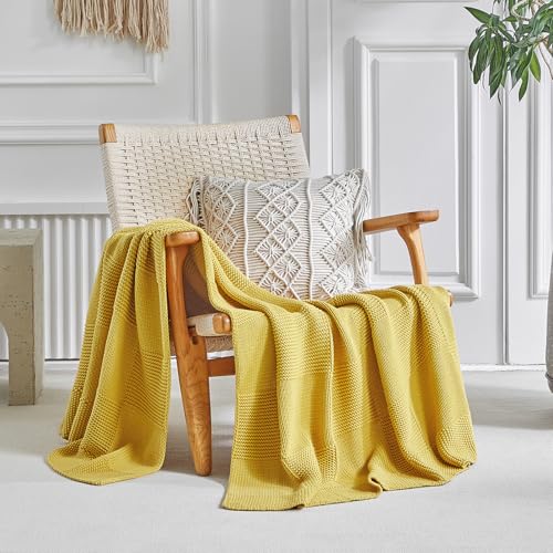 Longhui bedding 100% Cotton Chunky Cable Knit Throw Blanket for Sofa Couch Bed Baby Nursery, Farmhouse Chessboard Grid Woven Blanket with Bonus Laundering Bag, 51 x 63 Inches, Mustard Yellow - color: Mustard Yellow, size: 51” x 63”