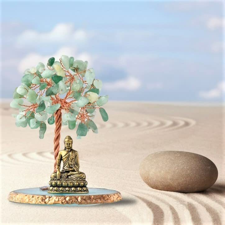 Buddha Statue with Healing Crystal Tree, Tree of Life for Positive Energy. Home Decor Yoga Meditation. Green.(B) - style: B