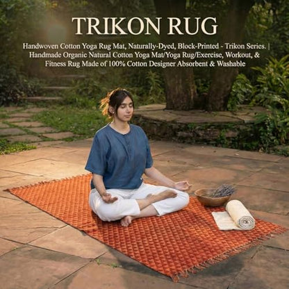 VINYASA Handwoven Cotton Yoga Rug Mat – Naturally Dyed | Absorbent, Washable Yoga Mat/Fitness Rug, Hatha, Pilates & Meditation - Non-Slip Grip | Extra Long & Wide | Trikon Series - color: Madder