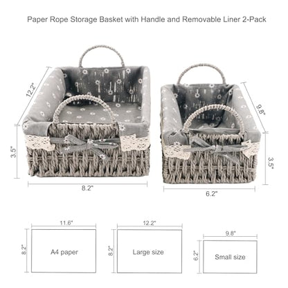 Paper Rope Basket for Organizer on Shelves,Set of 2 Handmade Grey Woven Rectangle Storage Basket Set with Handles and Removable Liners,Ideal for Cosmetics, Toys, Snacks