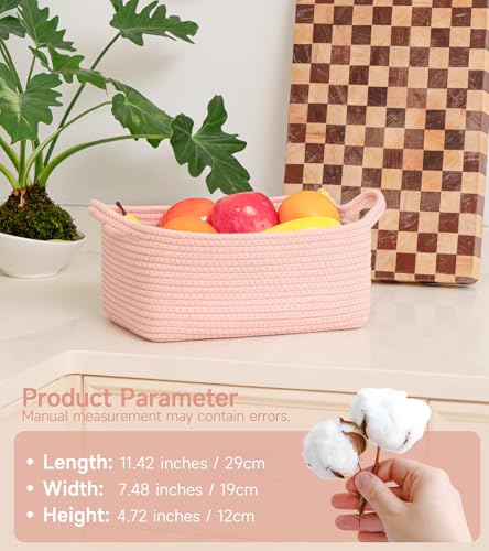 CLHMILY&Z Small Cube Storage Baskets, Decorative Woven Cotton Rope Baskets with Handles for Organizing, Shelf, Closet, Nursery, Bathroom, Toy Organizer Bins (1, Pink, 11.4 x 7.5 x 4.7)