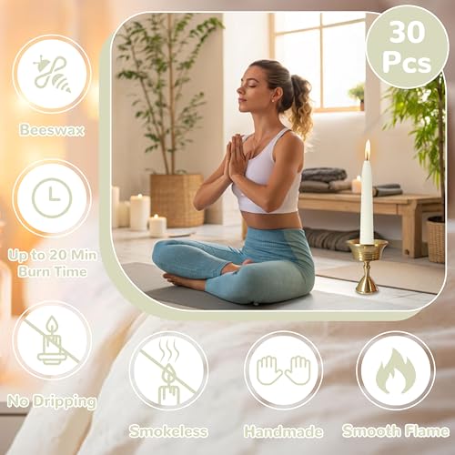 20 Min White Meditation Candles – 30 Pack, Includes Mini Candle Holder & 12 Wax Dots, Slow Burn, Natural Unscented, for Meditation Yoga Prayer Mindfulness & Relaxation - color: White, size: 30 Pack
