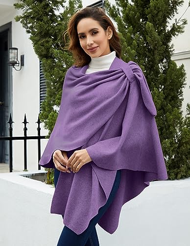 PULI Womens Large Cross Front Poncho Sweater Wrap Topper Knitted Elegant Shawls Cape for Fall Winter - color: 1-purple