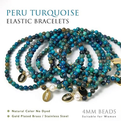Morchic 4mm Natural Gemstone Beads Stretch Bracelet for Women, With Freshwater Pearls, Energy Gem Birthday Gift for Her 7.2” - color: Peru Turquoise