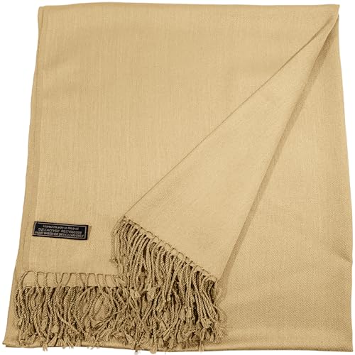CJ Apparel Solid Color Tassels Design Nepalese Shawl Scarf Wrap Stole Throw Head Wrap Pashmina Gift Hand Made in Nepal New - color: Rich Cream Mix