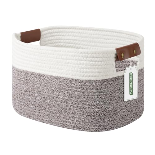 ECDYQXVU Cotton Rope Basket, Storage Baskets with Handle, 15x10x9 Inch Woven Basket for Shelves, Laundry, Towels, Clothes, Books (White Brown 1 Pack) - color: White/Brown-1 Pack, size: 1 Pack