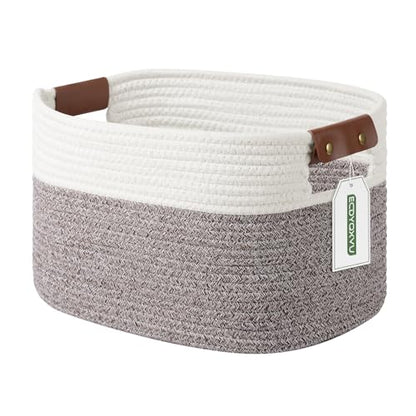 ECDYQXVU Cotton Rope Basket, Storage Baskets with Handle, 15x10x9 Inch Woven Basket for Shelves, Laundry, Towels, Clothes, Books (White Brown 1 Pack)