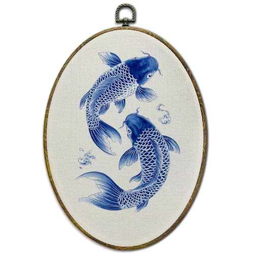 XFCICRLJ Japanese Blue Koi Fish Wall Art Decor, Maximalist Oriental Asian Koi Fish Oval Canvas Prints Framed, Japanese Wall Art Decorations for Home Bedroom Living Room Decor, 11x8.5 Inch - color: Blue koi fish