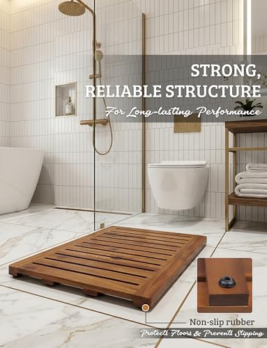 Acacia Wood Shower Mat 24x18 Inches by Demigo, Luxury Bath Mat Non Slip for Bathroom Bathtub Shower Spa Garden Home, Wooden Floor Mat Square Large for Outdoor and Indoor - size: 24" x 18" (Rectangular)