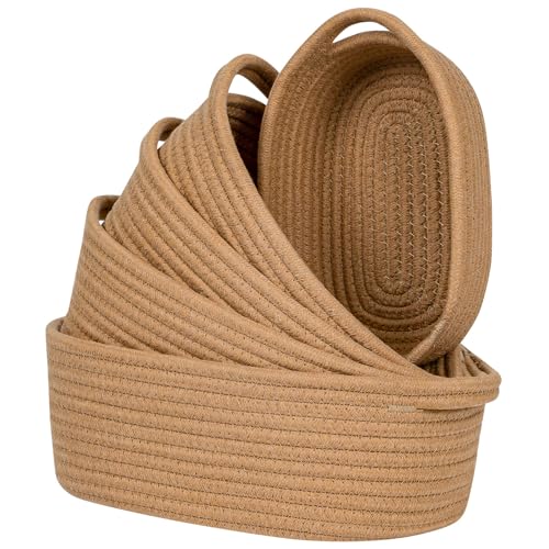 CubesLand Small Cotton Rope Storage Basket Set 5, Shelves Baskets for Organizing with Handle, Decorative Closet Storage Bins for Countertop Toilet Paper Basket for Toilet Tank Top,Brown Basket - color: Tan Brown