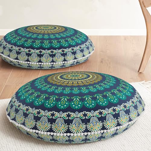 Codi Meditation Floor Pillow Set of 2, Round Large Pillows Seating for Adults, Bohemian Mandala Circle Cushions for Outdoor Fireplace Yoga Living Room, 32 Inch, Memory Foam Added, Green - color: Round | Green, size: 2 Count (Pack of 1)