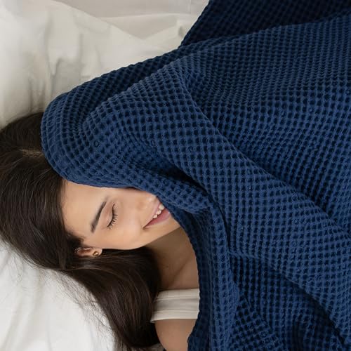 Waffle Blanket Queen Size Bed, 100% Cotton Soft Lightweight Breathable Summer Blanket, Waffle Weave Queen Size Bed Blanket: Blue (90"x90") - color: Blue, size: Queen (90" x 90")