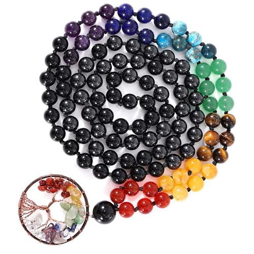 Bivei 108 Mala Beads Necklace Life Tree 7 Chakra Wrap Bracelet Real Healing Gemstone Yoga Meditation Hand Knotted Mala Prayer Bead Necklace - color: Black Agate, size: 8mm