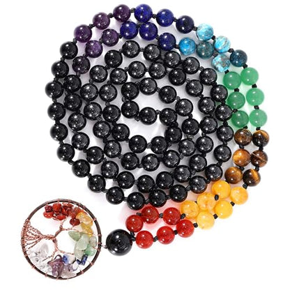 Bivei 108 Mala Beads Necklace Life Tree 7 Chakra Wrap Bracelet Real Healing Gemstone Yoga Meditation Hand Knotted Mala Prayer Bead Necklace - color: Black Agate, size: 8mm