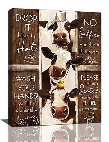 Farmhouse Bathroom Decor Wall Art Rustic Cow Pictures Funny Bathroom Canvas Print Painting Bathroom Rules Poster Modern Home Framed Artwork For Ready To Hang 12"x16" - color: Cow-1, size: 16"L x 12"W