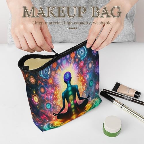 Chakra Meditation Large Capacity Linen Cosmetic Bag with Zipper for Women, Sturdy Durable Makeup Travel Bag for Toiletries Trip Organization