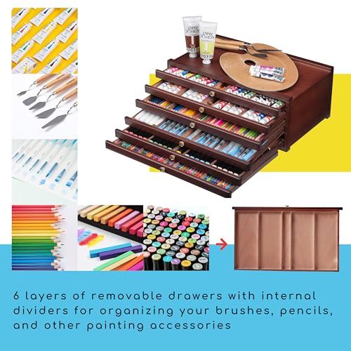 MEEDEN 6-drawer Wood Artist Supply Storage Box, Portable Beechwood Multifunctional Pencil Brush Organizer Wood Box with Drawer&Compartments for Pastels, Pencils, Pens, Makeup Brushes(Deep Walnut)