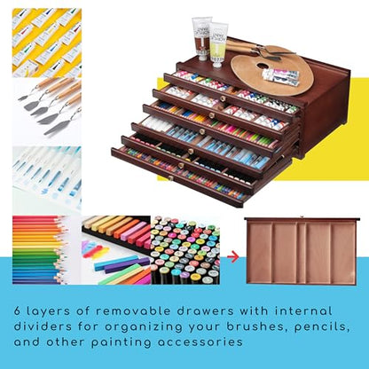 MEEDEN 6-drawer Wood Artist Supply Storage Box, Portable Beechwood Multifunctional Pencil Brush Organizer Wood Box with Drawer&Compartments for Pastels, Pencils, Pens, Makeup Brushes(Deep Walnut)