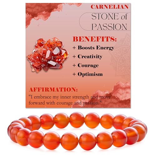 Bivei 8mm Beaded Bracelets for Women Handmade Semi Precious Natural Stone Stretch Elastic Jewelry Yoga Protection Gifts - color: Carnelian - Passion, size: Medium 6.8-7.3 inch