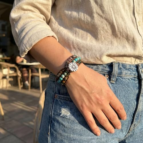 YGLINE Boho Handmade Natural Stone Bead 3 Row Wide Wrap Wrist Statment Bracelet Jewelry Collection - color: agate＆ turquoise